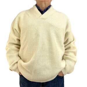 Eddie Bauer Ribbed V Neck Sweater Wool Ivory Fiserhman Pullover Ecru